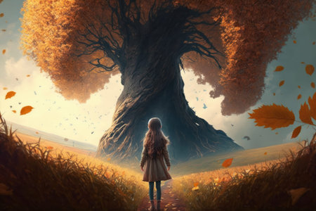 Art picture of girl have a walk outdoors on the field with tree at autumn, dynamic windy scene, ai...