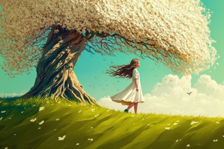 Art picture of a girl have a walk outdoors on the field with lonely tree at spring. dynamic windy scene, ai generatedの写真素材