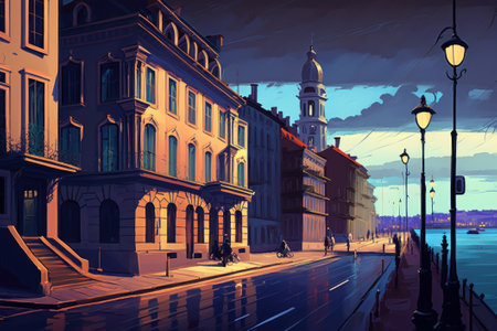 Ðld port, embankment and stone streets, AI generatedの写真素材