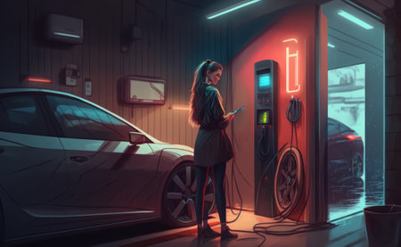 Near garage.View Woman charging her electric car and monitoring process on smartphone, ai generatedの写真素材