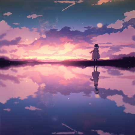 Art picture of a nostalgic purple sky and reflection, little girl, ai generatedの写真素材