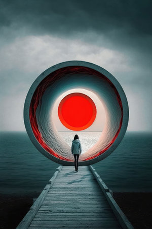 a person is looking at a red circle, a surreal image generated by AIの写真素材