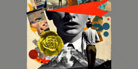 Various colored objects on the face black and white portrait and clippings from vintage magazines on background. AI Generated Modern design of colorful and conceptual bright art collageの写真素材