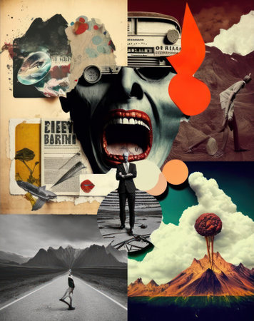 Various colored objects on the face black and white portrait and clippings from vintage magazines on background. AI Generated Modern design of colorful and conceptual bright art collageの写真素材