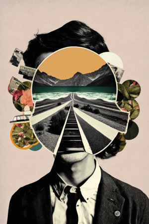 Various colored objects on the face black and white portrait and clippings from vintage magazines on background. AI Generated Modern design of colorful and conceptual bright art collageの写真素材