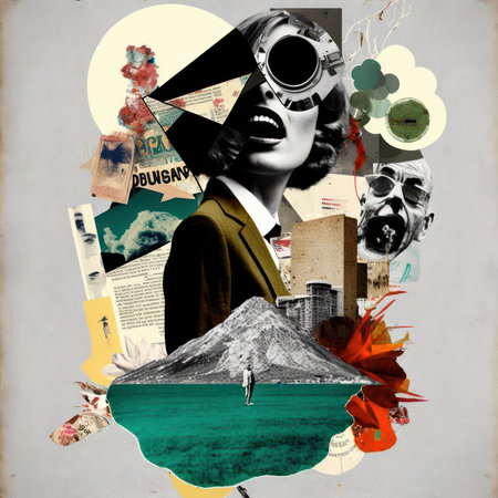 Various colored objects on the face black and white portrait and clippings from vintage magazines on background. AI Generated Modern design of colorful and conceptual bright art collageの写真素材