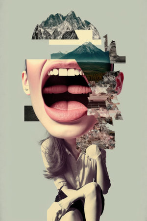 Various colored objects on the face black and white portrait and clippings from vintage magazines on background. AI Generated Modern design of colorful and conceptual bright art collageの写真素材