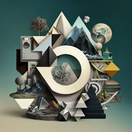 modern collage of modern pop art style with geometric shapes, planets and other elements, generated by AIの写真素材