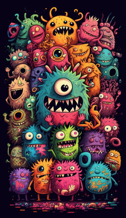 Abstract Illustration of many emotional cute monsters, neon watercolors style, on black, ai generatedの写真素材