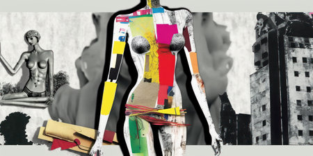 Modern collage art of human body mennequin with colored stripes and other elements, pop culture, AI generated.の写真素材