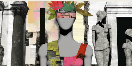 Modern collage art of human body mennequin with colored stripes and other elements, pop culture, AI generated.の写真素材