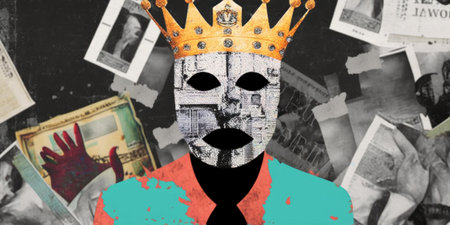 Modern collage art of human body mennequin with colored stripes and other elements, pop culture, AI generated.の写真素材