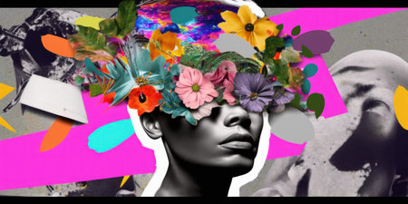Modern collage art of female face with colored stripes and other elements, pop culture, AI generated