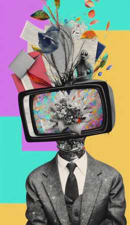 Modern collage art of human body TV head with colored stripes and other elements, pop culture, AI generatedの写真素材