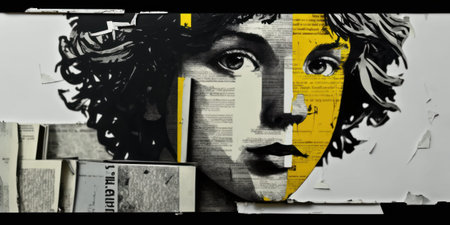 Modern collage art of female face with colored stripes and other elements, pop culture, AI generated