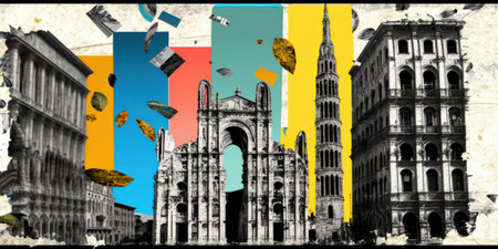 modern collage of modern pop art style with black and white architectural newspaper clippings on colored backgrounds, ai generatedの写真素材