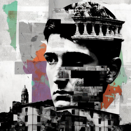 Various colored objects on the face black and white portrait and clippings from vintage magazines on background. AI Generated Modern design of colorful and conceptual bright art collageの写真素材