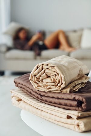 Girl lying down on the bed with smartphone. Interior and design of beautiful modern bedroom at daytimeの写真素材