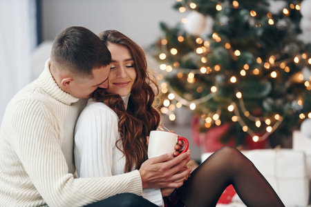Closeness of the people. Young romantic couple celebrates New year together indoorsの写真素材