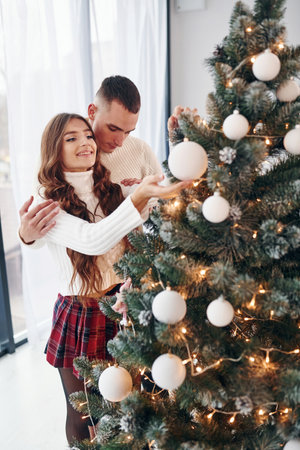 Standing near fir. Young romantic couple celebrates New year together indoorsの写真素材