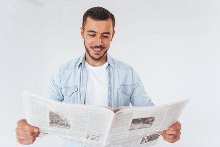 Reads newspaper. Young handsome man standing indoors against white backgroundの写真素材