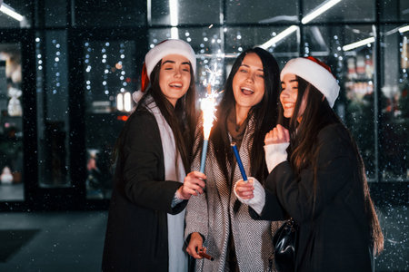 Little fireworks, Bengal lights. Three cheerful women spends Christmas holidays together outdoors. Conception of new yearの写真素材
