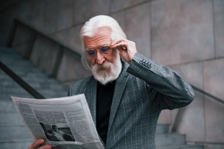 Reads newspaper. Senior businessman in formal clothes, with grey hair and beard is outdoorsの写真素材