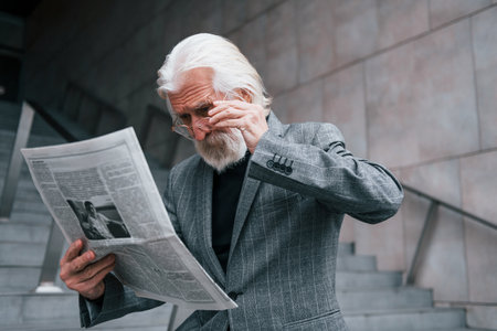 Reads newspaper. Senior businessman in formal clothes, with grey hair and beard is outdoorsの写真素材