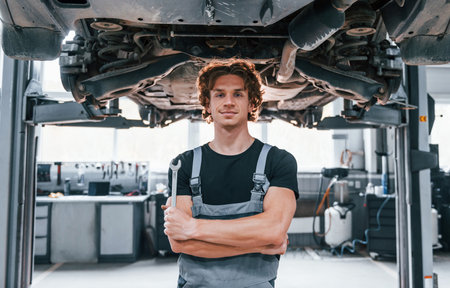 Handsome adult man in grey colored uniform standing below automobileの写真素材