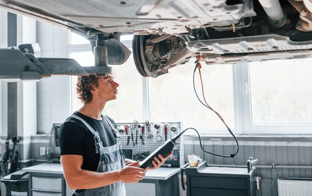 Special tool for testing characteristics. Adult man in grey colored uniform works in the automobile salonの写真素材