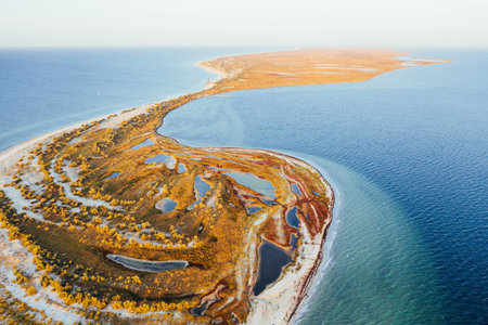 Beautiful land. Aerial view of Jarilgach island in Ukraine. Majestic landscapesの写真素材