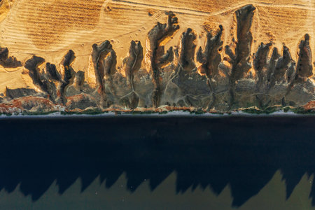 Edge of the hill. Aerial view of majestic landscapes of Jarilgach island in Ukraine