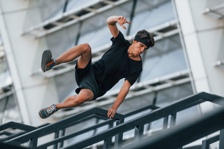 Running and jumping. Young man in sportive clothes have workout outdoors at daytimeの写真素材