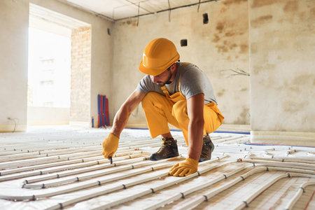 Worker in yellow colored uniform installing underfloor heating systemの写真素材