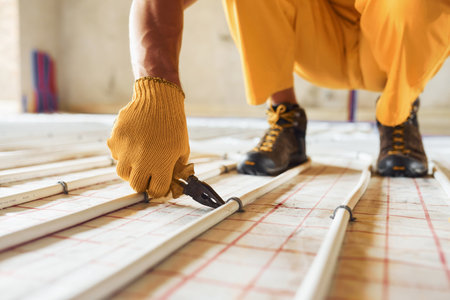 Close up view. Worker in yellow colored uniform installing underfloor heating systemの写真素材