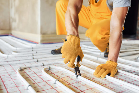 Close up view. Worker in yellow colored uniform installing underfloor heating systemの写真素材
