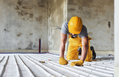 Worker in yellow colored uniform installing underfloor heating systemの写真素材