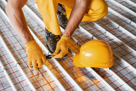 Close up view. Worker in yellow colored uniform installing underfloor heating systemの写真素材