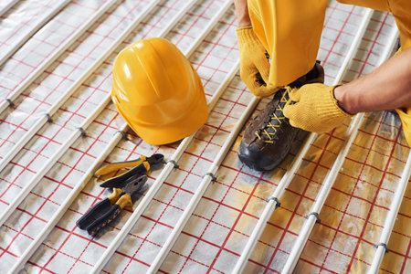 Worker in yellow colored uniform installing underfloor heating systemの写真素材