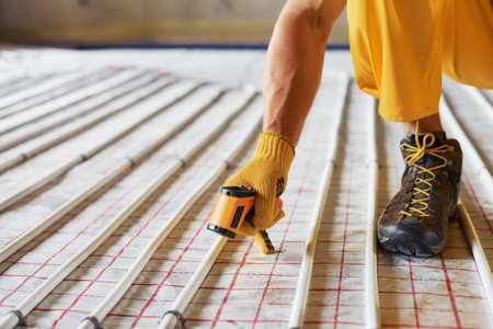 Measures heat of the pipes. Worker in yellow colored uniform installing underfloor heating systemの写真素材