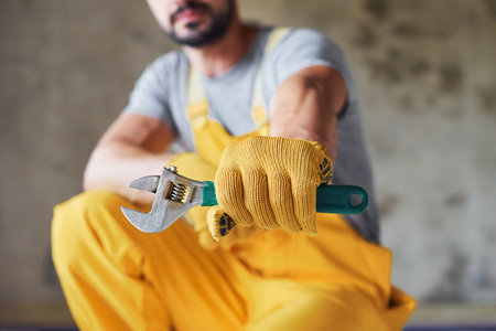 Holds wrench in hand. Worker in yellow colored uniform installing underfloor heating systemの写真素材