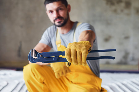 Holds wrench in hand. Worker in yellow colored uniform installing underfloor heating systemの写真素材
