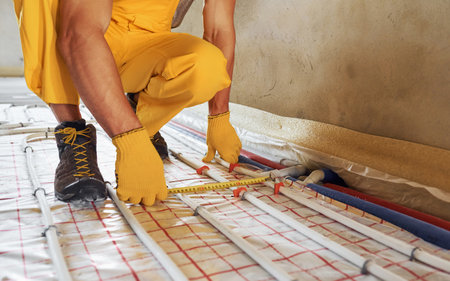 Measuring distance of the pipes. Worker in yellow colored uniform installing underfloor heating systemの写真素材