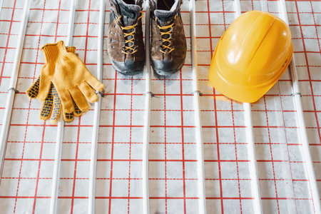 Shoes, hard hat and gloves. Pipes of underfloor heating system. Close up view. No peopleの写真素材