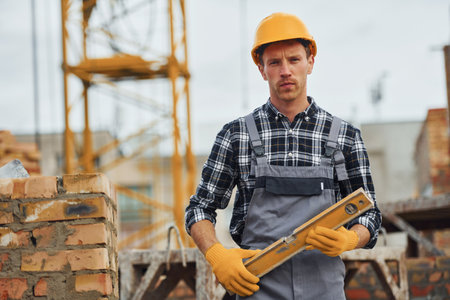 With level measuring tool. Construction worker in uniform and safety equipment have job on buildingの写真素材