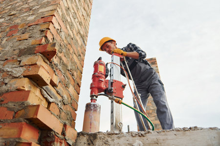 Uses blending drill. Construction worker in uniform and safety equipment have job on buildingの写真素材