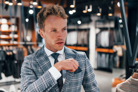 In jacket with tie. Young guy in modern store with new clothes. Elegant expensive wear for menの写真素材