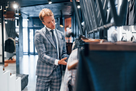 Young guy in modern store with new clothes. Elegant expensive wear for menの写真素材