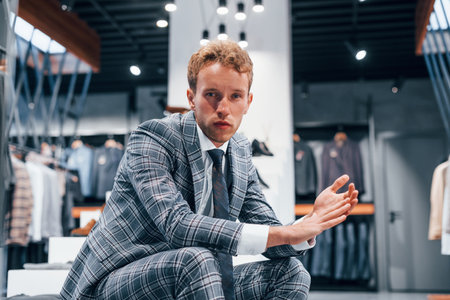 Young guy in modern store with new clothes. Elegant expensive wear for menの写真素材