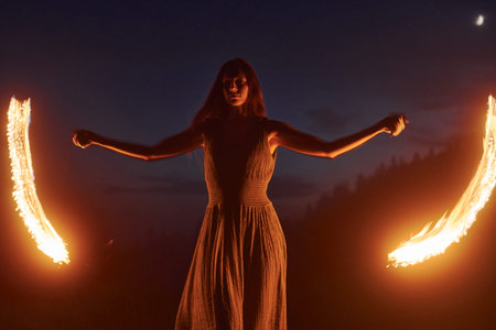 Photo with a long exposure. Fire show by woman in dress in night Carphatian mountains. Beautiful...